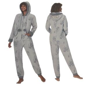 Harry Potter Women's L = 12-14  Gray One Piece Hooded Faux Fur Pajamas NWT